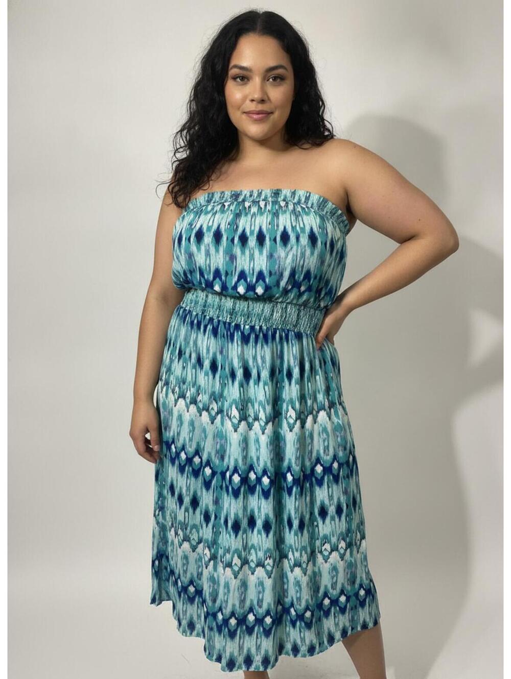 Bella Moda Plus 2X Strapless Smocked Midi Dress Blue Green W